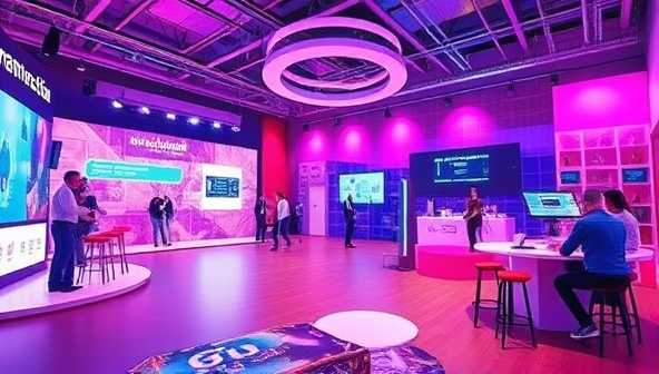 An immersive 3D-rendered virtual event space featuring a branded environment with interactive elements, live chat functionality, and engaging activities, representing the dynamic and engaging brand activation experiences that businesses can create with BrandVibe Virtual, capturing the essence of innovation and virtual engagement in the digital age.