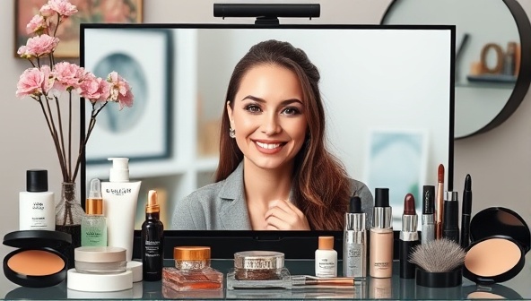 A virtual beauty consultation setup with a professional beauty expert on a video call, surrounded by a variety of skincare and makeup products, radiating positivity and expertise in the beauty industry.