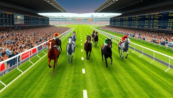 An immersive visual depiction of a virtual horse racing track with detailed 3D-rendered horses racing towards the finish line, surrounded by animated spectators and betting screens displaying odds and race statistics, capturing the excitement and realism of Equestrian Virtual Bets.