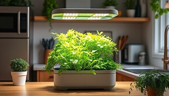 A cozy kitchen setup featuring a compact hydroponic farming kit filled with vibrant herbs and vegetables growing under LED lights, surrounded by modern kitchen appliances and greenery, evoking freshness and sustainability.