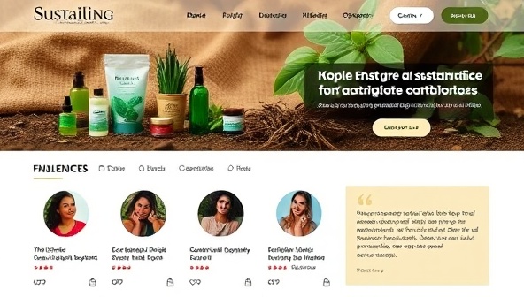 An earthy and sustainable-themed marketplace interface featuring eco-friendly products, influencer profiles with sustainability credentials, and testimonials from brands and influencers on the positive impact of sustainable collaborations, symbolizing authenticity and impact.