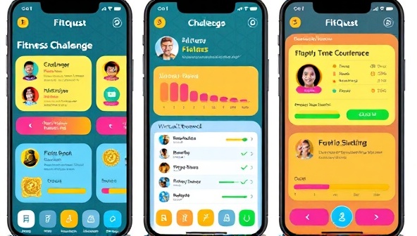 An engaging and colorful app interface displaying a variety of fitness challenges, progress trackers, and virtual rewards, creating a sense of excitement and motivation for users to participate in the FitQuest Challenge.