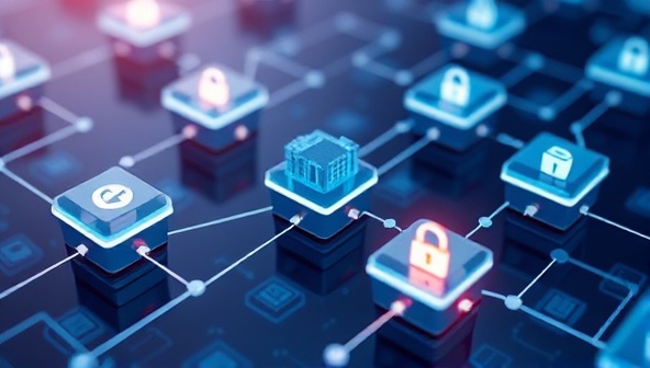 An illustration of interconnected blocks representing blockchain technology securing government procurement transactions, symbolizing trust and efficiency.