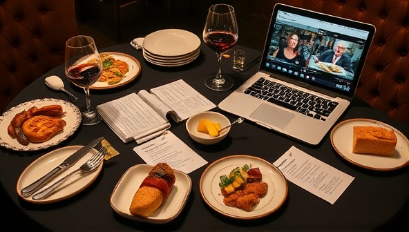 An elegant table setting with a variety of gourmet food items, tasting notes, and a laptop showing a virtual tasting session in progress, evoking a sophisticated and immersive culinary experience.