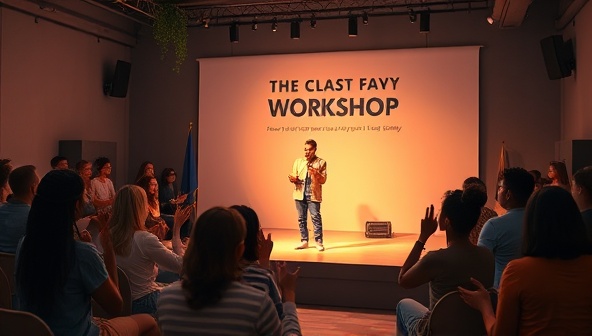 An artistic portrayal of a poetry workshop setting, featuring a virtual stage with a spotlight on a poet delivering a powerful performance, surrounded by an audience of diverse participants applauding and snapping in support, capturing the essence of creativity, community, and poetic expression at VerseCraft Academy.