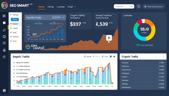 An SEO dashboard displaying keyword rankings, organic traffic trends, and content performance metrics, highlighting the data-driven insights and optimization strategies offered by SEO Smart Insights.