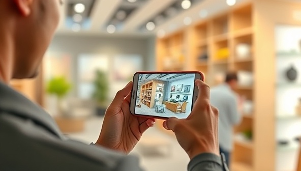 An immersive visual of a customer using a smartphone to explore a virtual showroom filled with AR-rendered products, showcasing the interactive and engaging shopping experience facilitated by ARtifact Visualizer for businesses looking to enhance their online product presentation.