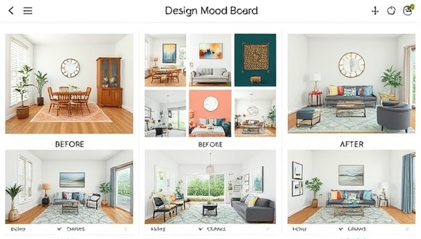 An interactive design mood board showcasing different interior styles, color schemes, and decor elements, with before-and-after photos of virtual design transformations, illustrating the impact of professional design consultations.