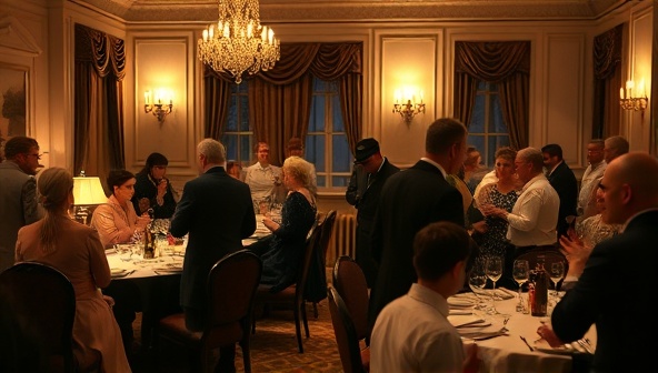 An elegant dining room setting with guests dressed in period costumes, interacting with actors in character, creating an engaging and immersive murder mystery atmosphere.