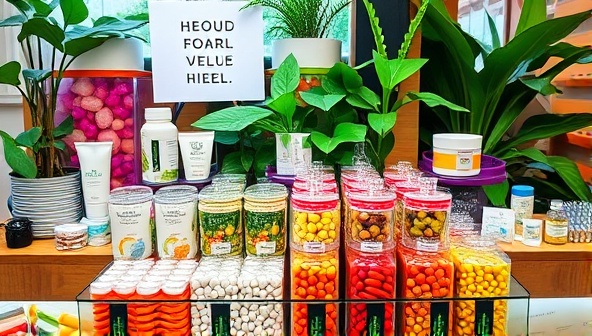 An eye-catching display featuring rows of refillable containers filled with colorful pills and beauty products, surrounded by lush green plants and eco-friendly signage, conveying a message of sustainability and health.