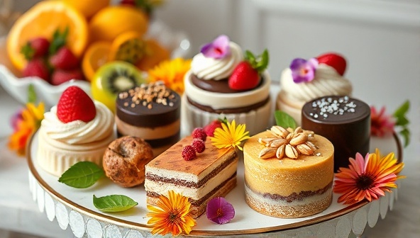 An elegant dessert display featuring a selection of plant-based treats in a beautifully styled setting, adorned with fresh fruits and edible flowers, conveying a sense of indulgence and natural goodness.