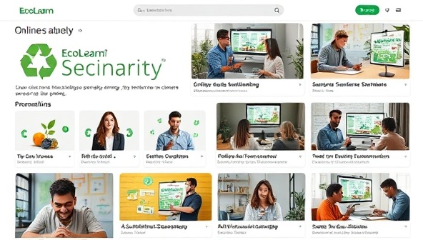 An online learning interface showcasing a variety of sustainability courses and interactive modules, with diverse students participating in virtual classes and skill-building exercises, representing the inclusive and educational environment of EcoLearn Academy for energy efficiency training.