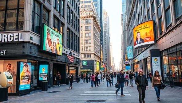 A bustling city street scene with digital screens strategically placed outside businesses, displaying vibrant and enticing ads tailored to the local community, illustrating the seamless integration of digital signage into the urban landscape.
