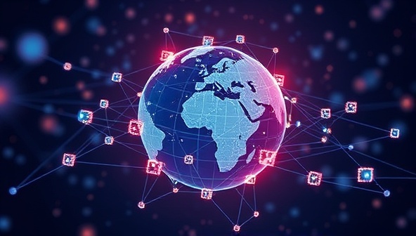 An abstract visualization of interconnected blockchain blocks forming a network around a globe, symbolizing the global reach and secure nature of the blockchain-based prediction market.