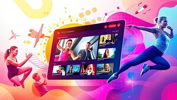 A dynamic digital artwork depicting a virtual fitness coaching platform interface with vibrant workout videos, fitness trackers, and motivational quotes, surrounded by energetic visuals symbolizing health and vitality, conveying the essence of FitFusion Online as a cutting-edge fitness solution.