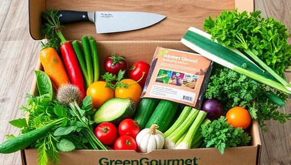 An assortment of vibrant plant-based ingredients, fresh herbs, and colorful recipe cards neatly arranged in a GreenGourmet meal kit box, with a chef's knife and cutting board in the background, conveying freshness, sustainability, and culinary creativity.