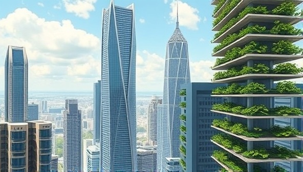 An image of a futuristic urban landscape featuring skyscrapers with integrated vertical farming systems, showcasing a sustainable and green city concept with fresh produce growing on multiple levels of the buildings.