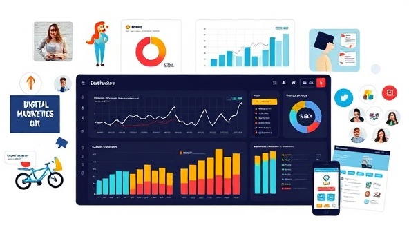 A digital marketing dashboard displaying various metrics such as website traffic, click-through rates, and social media engagement, surrounded by creative marketing campaign visuals, symbolizing data-driven optimization and digital growth.