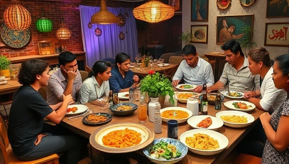 An eclectic dining setup at a pop-up event, featuring a fusion of cultural decor elements, vibrant food displays with innovative fusion dishes, and a diverse group of guests enjoying the immersive dining experience, capturing the essence of Global Palate Fusion's culinary creativity.