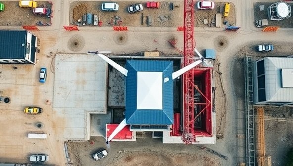 Aerial view captured by a drone showing a construction site with detailed progress tracking, safety assessments, and infrastructure analysis, highlighting the comprehensive and efficient inspection solutions provided by SkyInspect Solutions' subscription service.