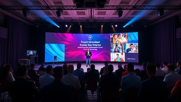 An immersive virtual event setup featuring a stage, audience avatars, and interactive elements on a digital screen, demonstrating the engaging and dynamic nature of virtual events managed by EventVirtuoso.