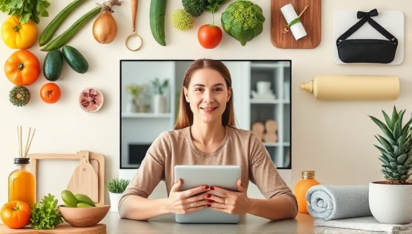 A virtual wellness coach conducting a video call with a client, surrounded by images of healthy food, exercise equipment, and relaxation tools, creating a holistic and supportive virtual environment.