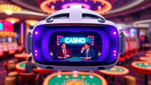 A futuristic VR headset displaying a virtual casino environment with animated players interacting at virtual game tables, showcasing the immersive and high-tech experience of VR Casino Zone.