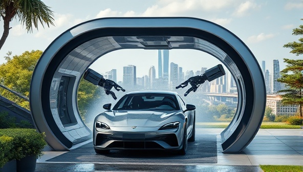 A sleek, futuristic pod structure with robotic arms gently washing a car, surrounded by lush greenery and a bustling cityscape in the background, highlighting the blend of technology and nature.