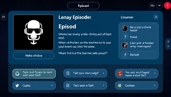 An intriguing visualization of a podcast episode interface with interactive buttons for listeners to make choices, participate in quizzes, and influence the storyline, highlighting the innovative nature of interactive podcasts.