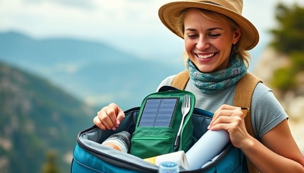 An image of a traveler happily unpacking a sustainable travel kit from EcoGear Hub, featuring a solar charger, reusable utensils, and a compact water filter, with a scenic natural backdrop, promoting eco-conscious travel practices and responsible tourism.
