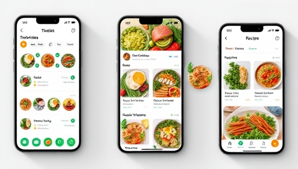 An interactive meal planning app interface showcasing a variety of personalized meal options tailored to different dietary preferences, with vibrant visuals of nutritious ingredients and easy-to-follow recipes, illustrating the convenience and customization of SmartEats AI.