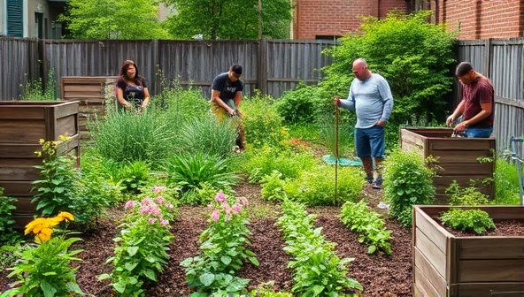 An urban community garden flourishing with vibrant plants and flowers, surrounded by composting bins and residents actively engaged in turning compost piles, demonstrating the collaborative and sustainable ethos of the EcoCycle Community Compost network.