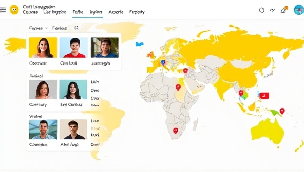 An online platform interface showcasing diverse language courses, virtual chat rooms in different languages, and a global map highlighting active language learners around the world, symbolizing connection and cultural exchange.