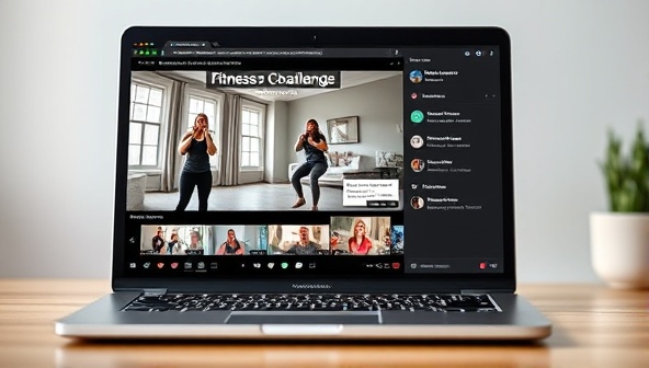 A laptop screen displaying a virtual fitness challenge platform, with energetic trainers leading a live workout session, participants following along from home, and a chat box buzzing with motivational messages, creating a dynamic and interactive virtual fitness experience.