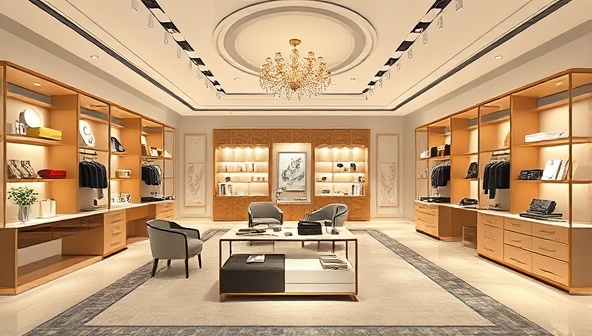 An elegant virtual showroom displaying a variety of products in a digital environment with interactive features, showcasing the immersive and customizable shopping experience offered by VRetail Visualize.