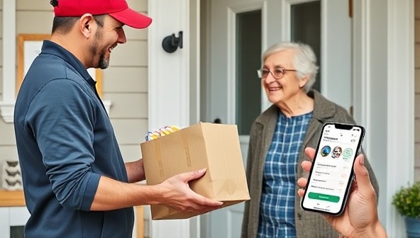 A friendly delivery person handing a neatly packaged prescription bag to a smiling elderly customer at their doorstep, with a background of organized medication boxes and a user-friendly medication management app on a smartphone, illustrating seamless and personalized medication delivery services.
