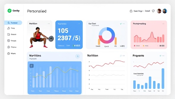 An AI-powered fitness dashboard displaying personalized workout recommendations, nutrition plans, and progress tracking metrics, showcasing the advanced technology and customization offered by AIFitGenie.