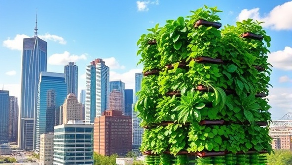 A modern cityscape with skyscrapers in the background and a vibrant, green vertical farm towering in the foreground, showcasing the integration of agriculture into urban environments.
