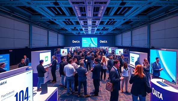 An immersive virtual event environment with avatars of participants interacting in a virtual conference hall, attending virtual booths, and engaging in live presentations, illustrating the dynamic and interactive nature of the platform.