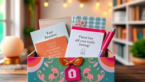 A vibrant and colorful subscription box filled with notebooks, pens, inspiring quotes, and a golden key symbolizing unlocking creative potential, set against a backdrop of a cozy writing nook with fairy lights and bookshelves.