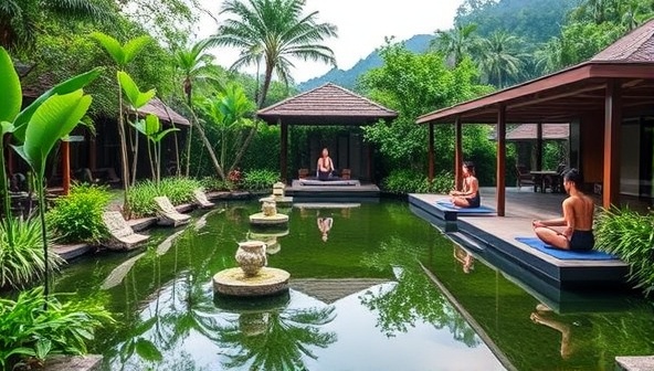 A serene image of a tranquil wellness retreat setting with lush greenery, calming water features, and individuals engaging in yoga and meditation practices, conveying the peaceful and rejuvenating atmosphere offered by retreats booked through Tranquil Escapes Hub.