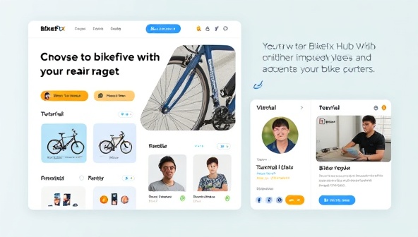 An engaging visual showcasing a digital platform interface where users can browse bike repair services, view repair expert profiles, and access tutorial videos, highlighting the convenience and accessibility of BikeFix Hub for bike owners.