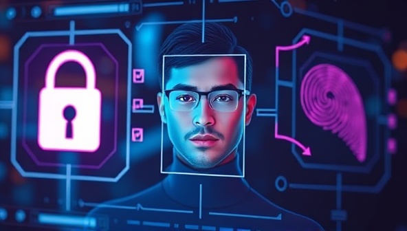 A digital interface displaying a user undergoing secure biometric verification processes, with facial recognition and fingerprint scanning features, symbolizing cutting-edge security and seamless user experience in digital identity verification, set against a backdrop of digital lock icons for enhanced security.