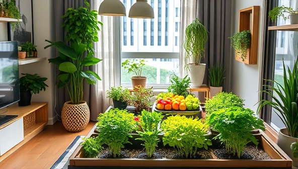 An image of a compact urban farming setup in a modern apartment, featuring smart gardening kits with flourishing herbs, vegetables, and fruits, surrounded by eco-friendly decor elements and natural light, creating a harmonious blend of technology and nature in urban living spaces.