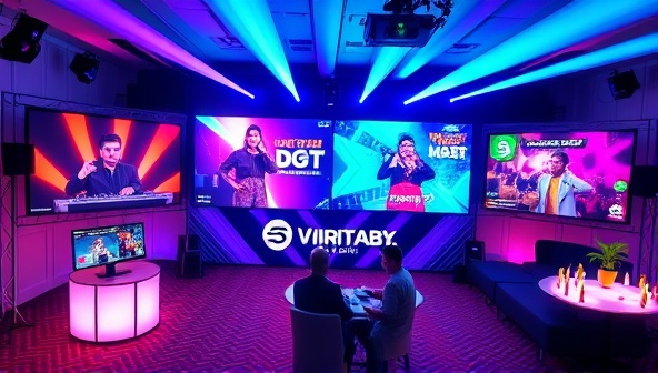 A colorful and dynamic virtual event setup with multiple screens displaying different activities like a live DJ set, interactive games, and a virtual networking lounge, creating a vibrant and engaging atmosphere.