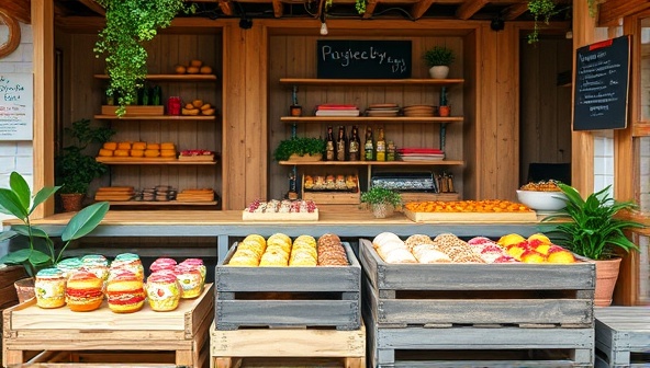 A charming pop-up bakery with a rustic, eco-friendly aesthetic showcasing a variety of colorful, organic pastries and baked goods displayed on wooden crates.
