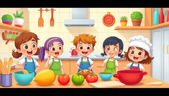 An animated kitchen setting with colorful cooking utensils, ingredients, and a group of excited children participating in a virtual cooking class, exuding fun and learning in a vibrant online environment.