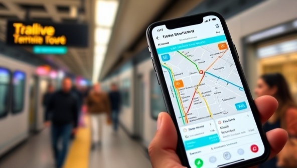 A smartphone screen displaying a customized public transit route map with real-time updates and personalized recommendations for a subscriber, set against a backdrop of a busy transit station, showcasing the convenience and efficiency of TransitEase's personalized public transit concierge service.