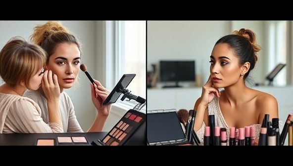A split-screen image showcasing a virtual makeup consultation: on one side, a makeup artist demonstrating techniques on a client via video call, and on the other side, the client following along with the guidance, surrounded by their makeup collection.