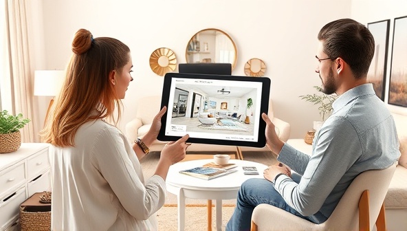 An artistic rendering of a virtual interior design consultation session, featuring a designer presenting a digital mood board and 3D room layout to a client on a tablet screen, surrounded by stylish furniture and decor samples, highlighting creativity and innovation.